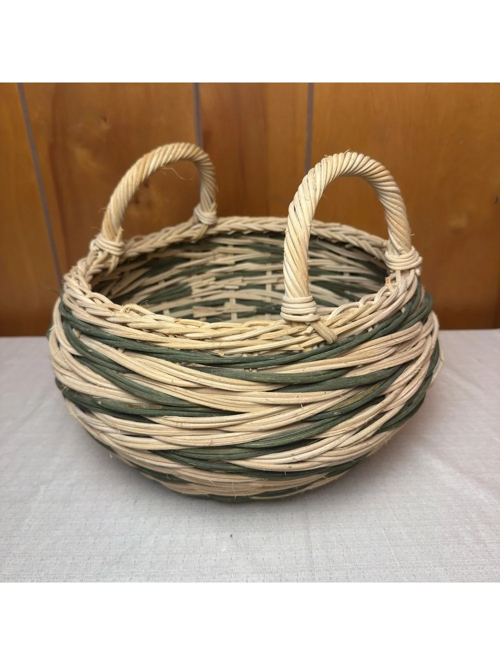 Handwoven Wicker Basket Green Cream Round Double Handle Farmhouse Cottage Decor